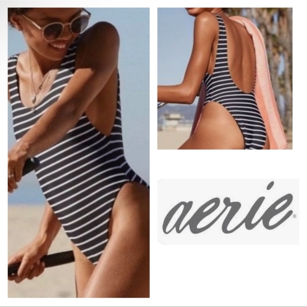Aerie Striped Low Back High Cut One Piece szL